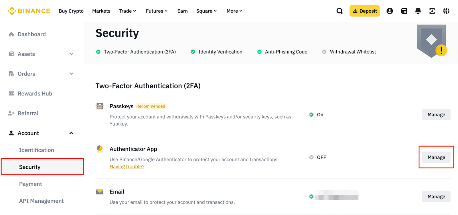 Paramètres de sécurité Binance