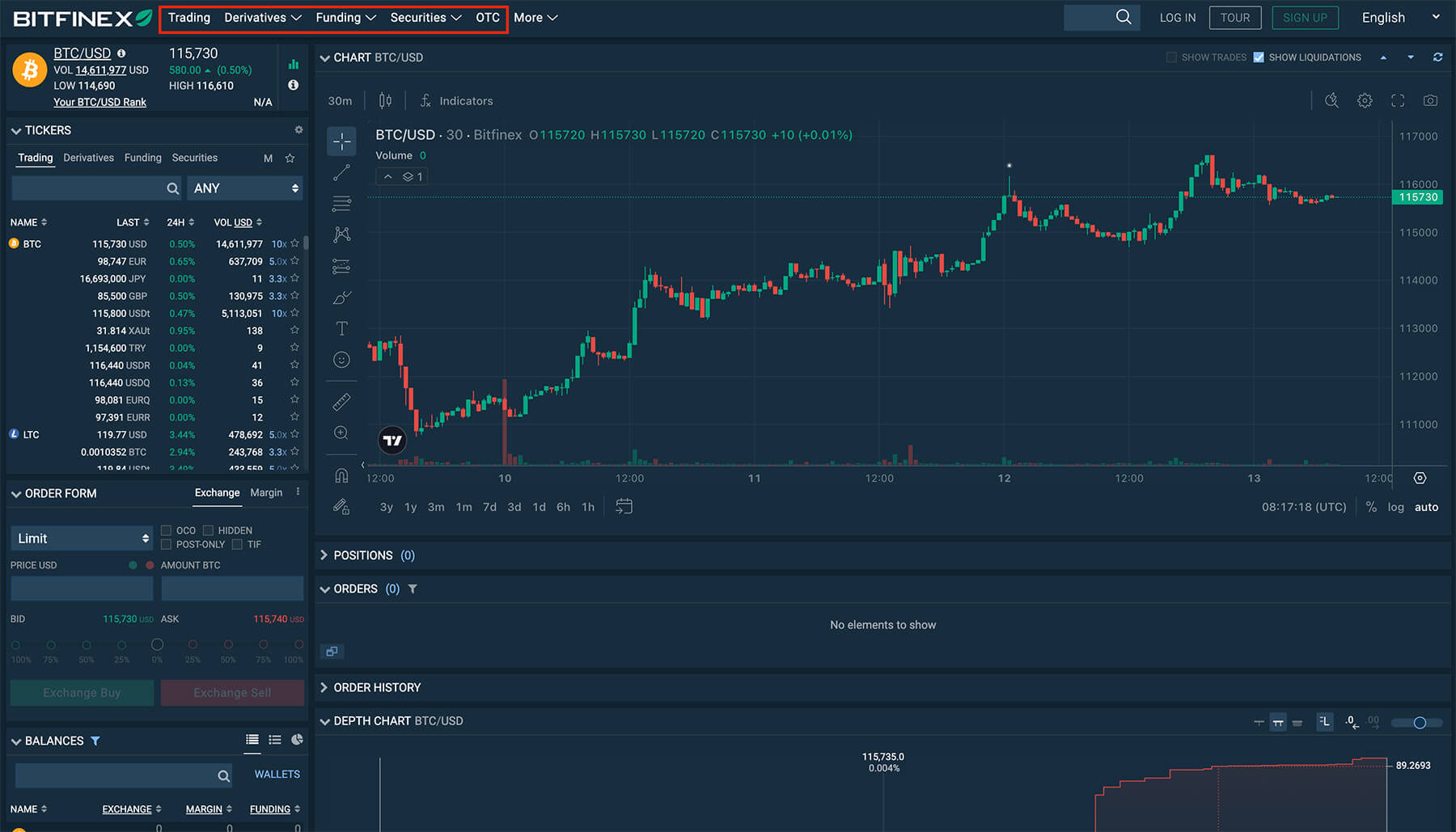 bitfinex menu