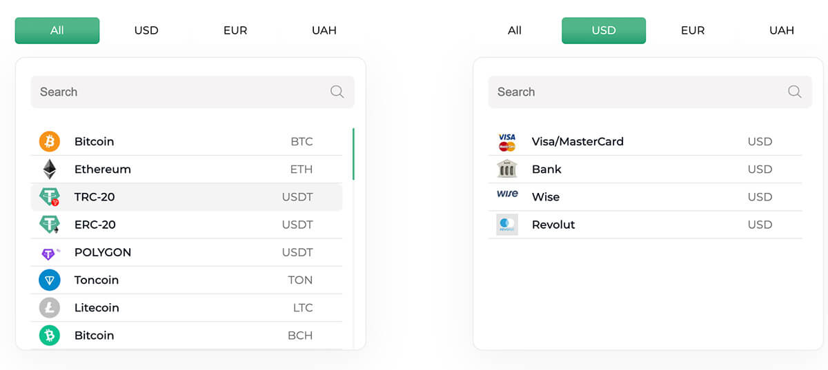 Crypto list on Fiat to Crypto Exchange