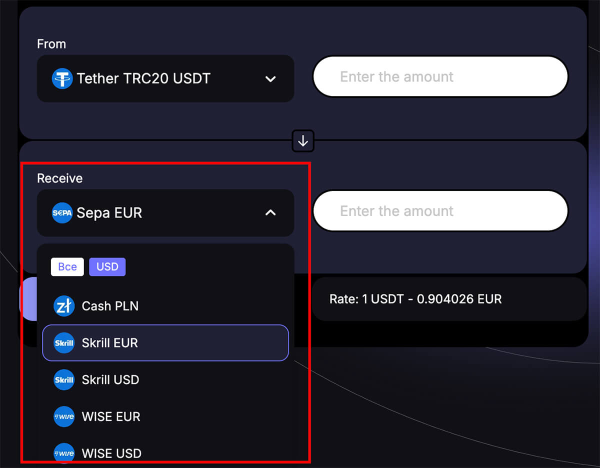 Fiat list on a Fiat to Crypto Exchange