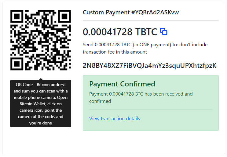 Invoice for payment in BTC