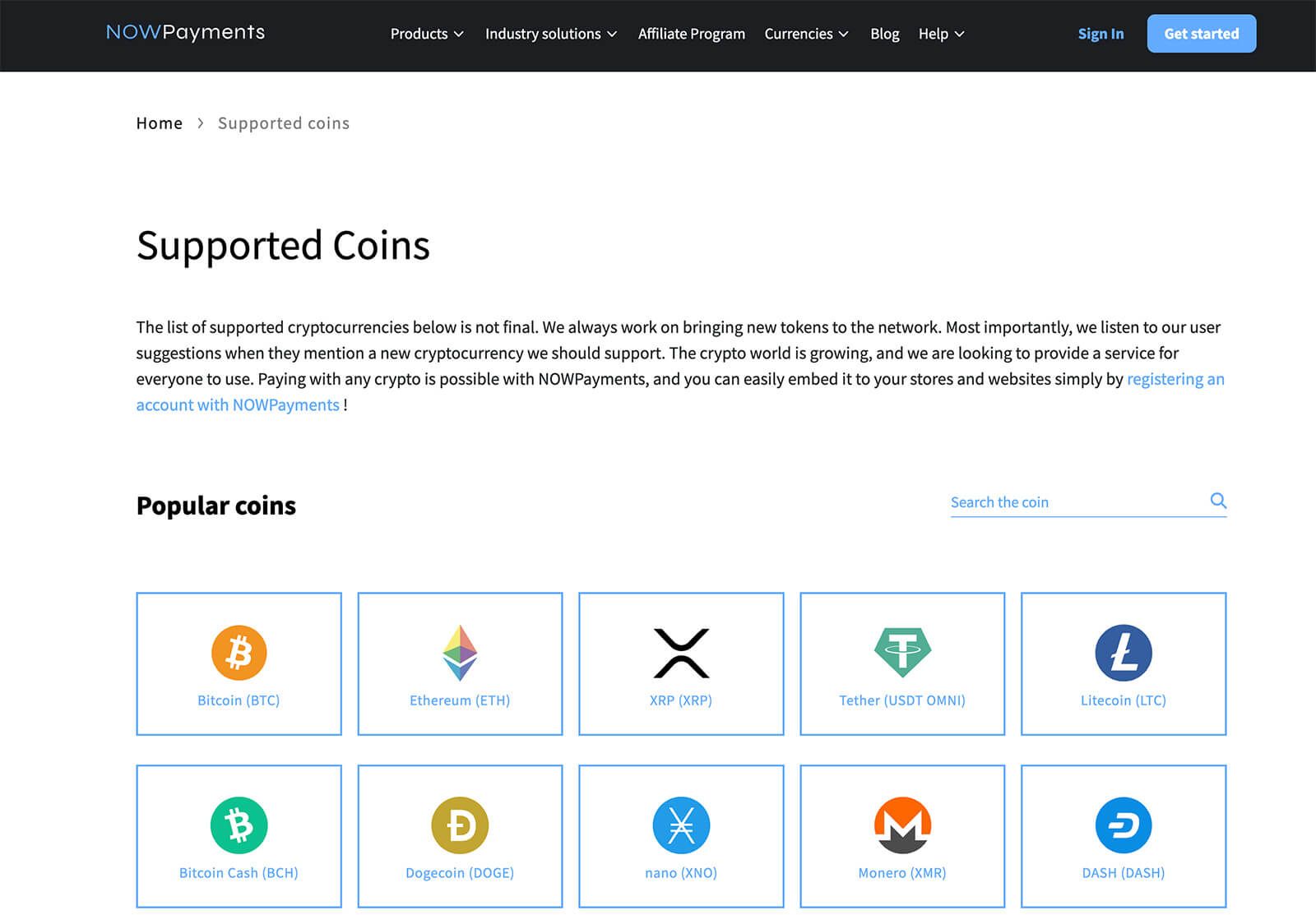 Supported Coins in Nowpayments.io