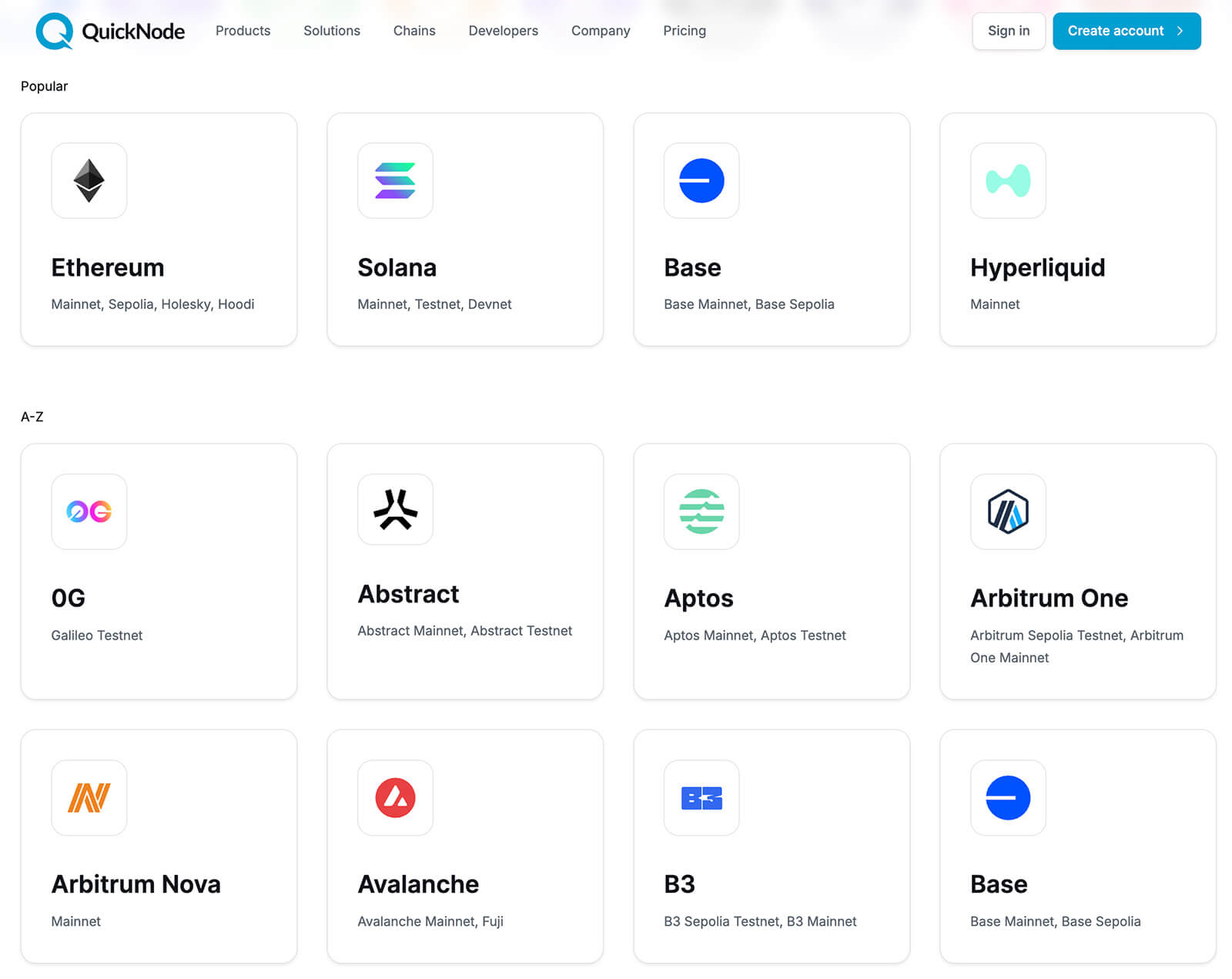 quicknode - list of nodes