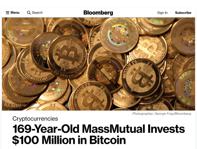 Заголовки газет после инвестирования MassMutual 100 млн. долларов в Биткоин