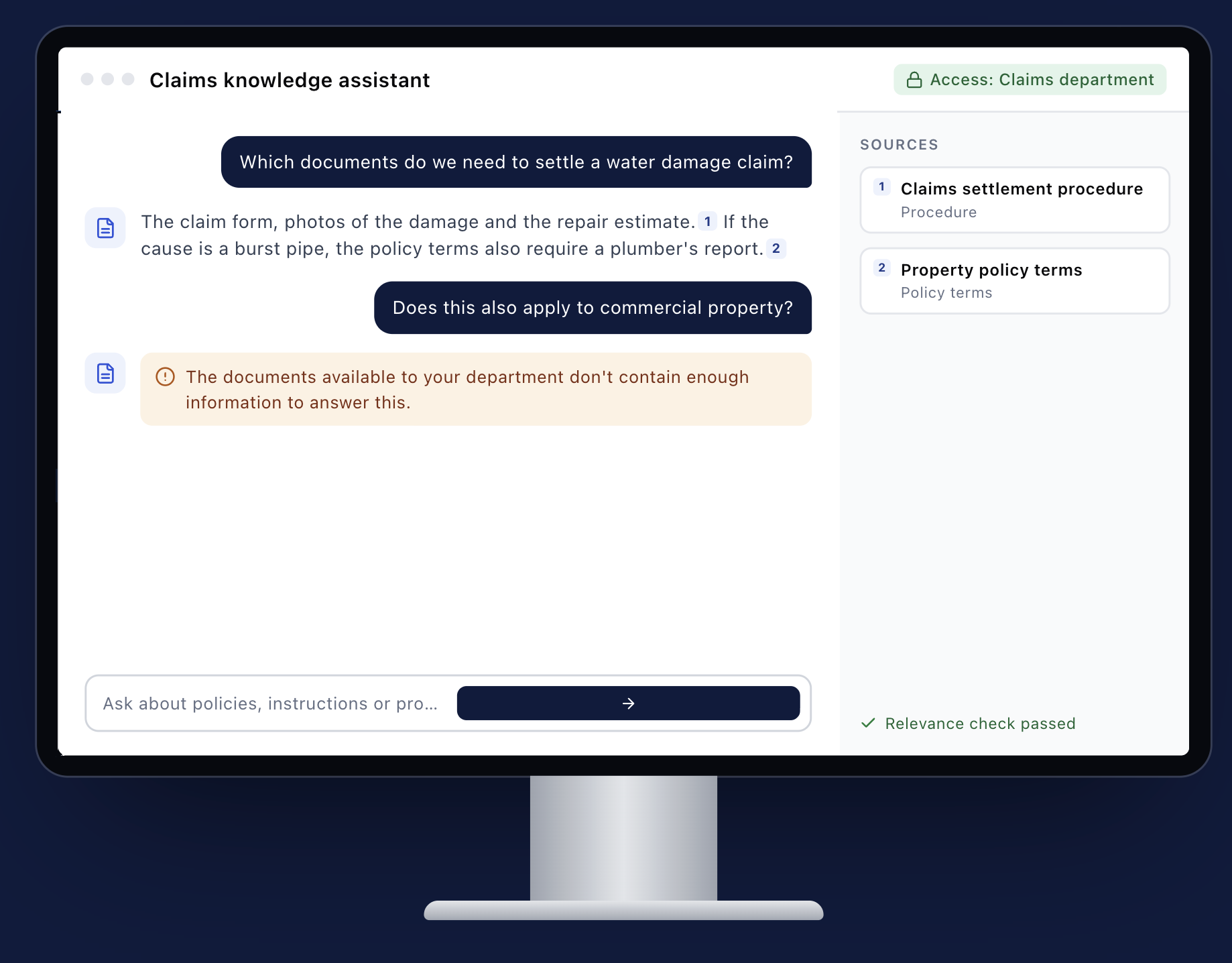 Claims knowledge assistant on a desktop monitor: a sourced answer, a message when sources are insufficient, and department-level access