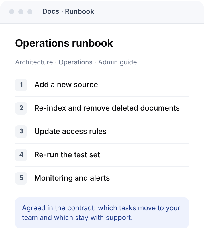 Runbook de operaciones entregado al equipo del cliente: añadir fuentes, reindexar, reglas de acceso, repetir pruebas, monitorización