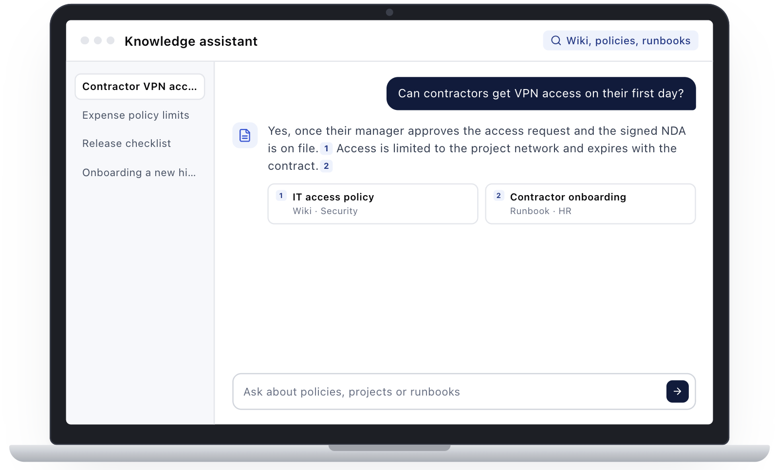 Knowledge assistant on a laptop: an answer about contractor VPN access with two linked source documents